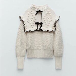 Zara Cozy Ruffle and Bows Sweater in Cream